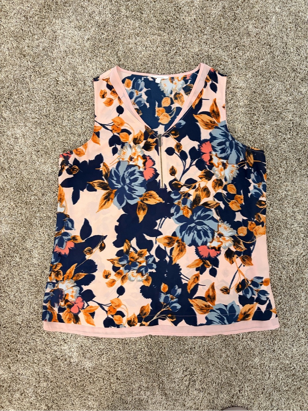 Maurices Pink Floral V-Neck Sleeveless Top with Navy and Orange Accents